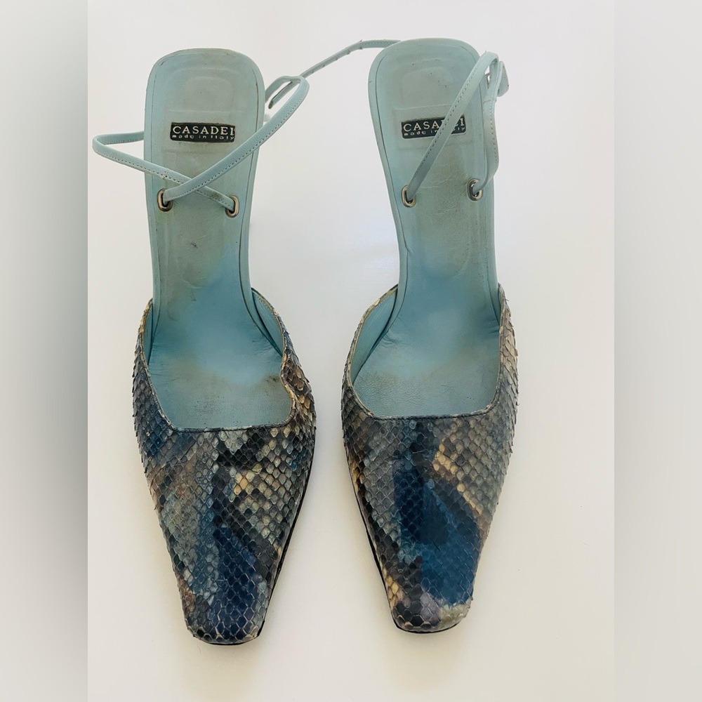 CASADEI BLUE SNAKESKIN PRINT ANKLE STRAP HIGH HEELS SIZE 7